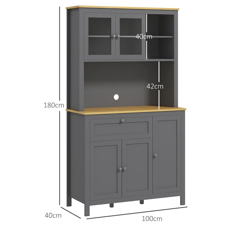 HOMCOM Küchenschrank Buffet Küche 5 Türen davon 2 Glastüren und 1 Schublade, 1 mittleres Fach - Höhe 180 cm Grau