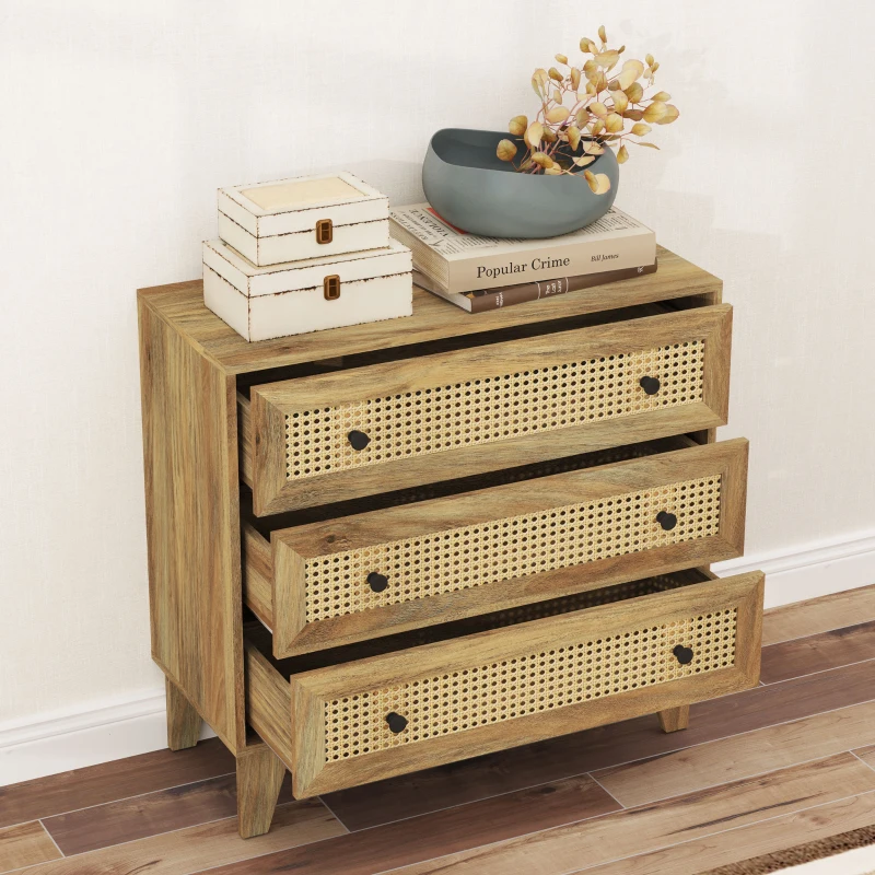 HOMCOM 3-Drawer Chest Storage Unit Rattan Cane Light Wood Appearance 80 x 35 x 76 cm