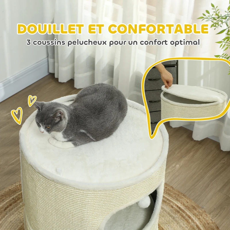PawHut Tour pour chat modulable tonneau griffoir chat fermeture éclair séparable 3 niveaux tapis de grattage Ø 51 x 69 cm crème