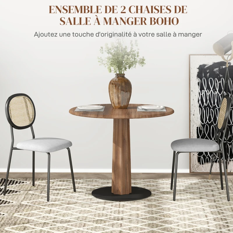 HOMCOM Lot de 2 chaises salle à manger chaises de cuisine dossier en rotin tissu respirant cadre acier 44 x 54 x 87 cm gris