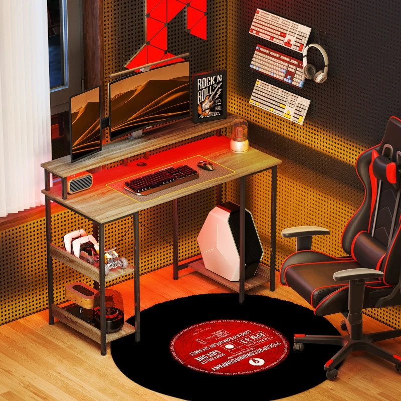 HOMCOM Bureau d'ordinateur 120 cm bureau avec rangement avec lumières LED, étagères de rangement, support d'écran, naturel