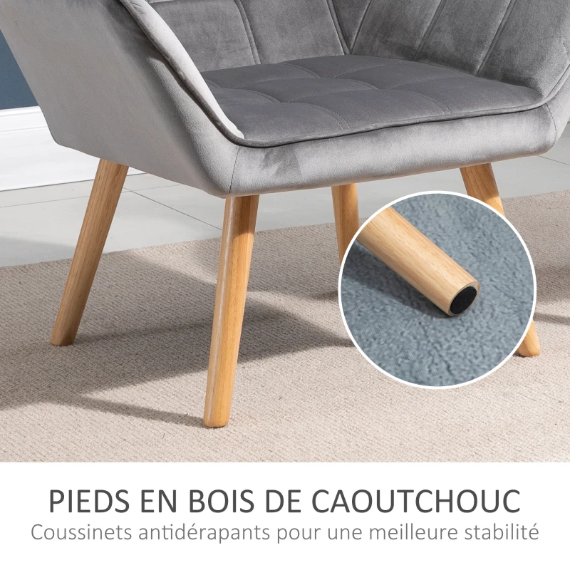 HOMCOM Fauteuil style scandinave dossier haut et accoudoirs, revêtement en polyester effet velours, 67 x 61,5 x 71 cm, gris
