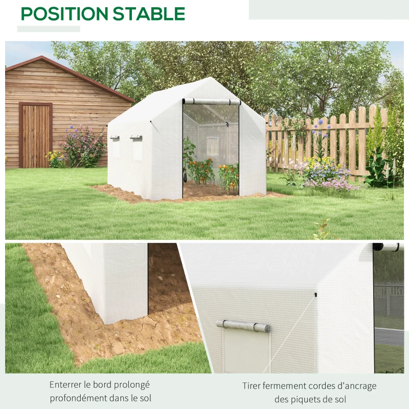 Outsunny Serre de jardin tunnel 2 x 3m, 6m² avec porte enroulable, 4 fenêtres, - Acier galvanisé PE Haute densité Blanc