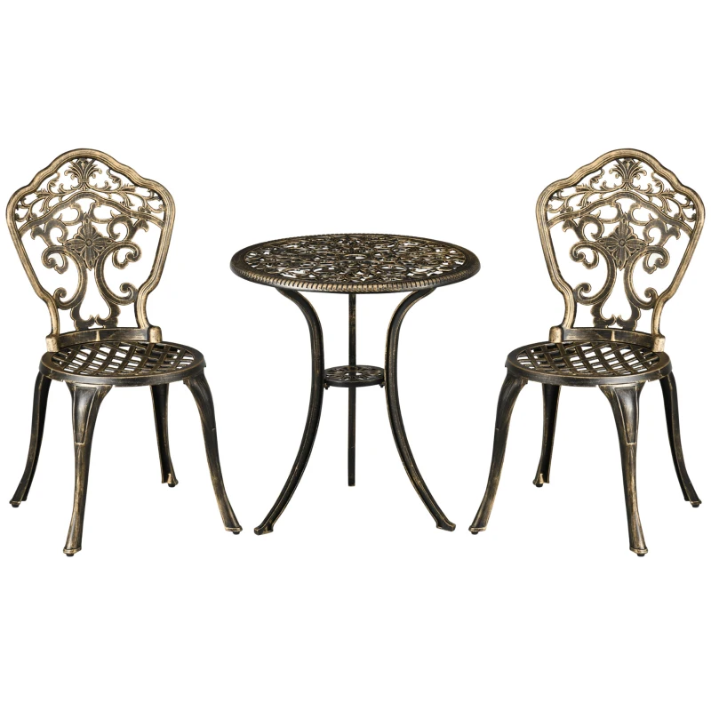 Outsunny Gartenbistro-Set aus Aluminium, 3-teilig, mit 2 Stühlen + runder Tisch in Schmiedeeisenoptik