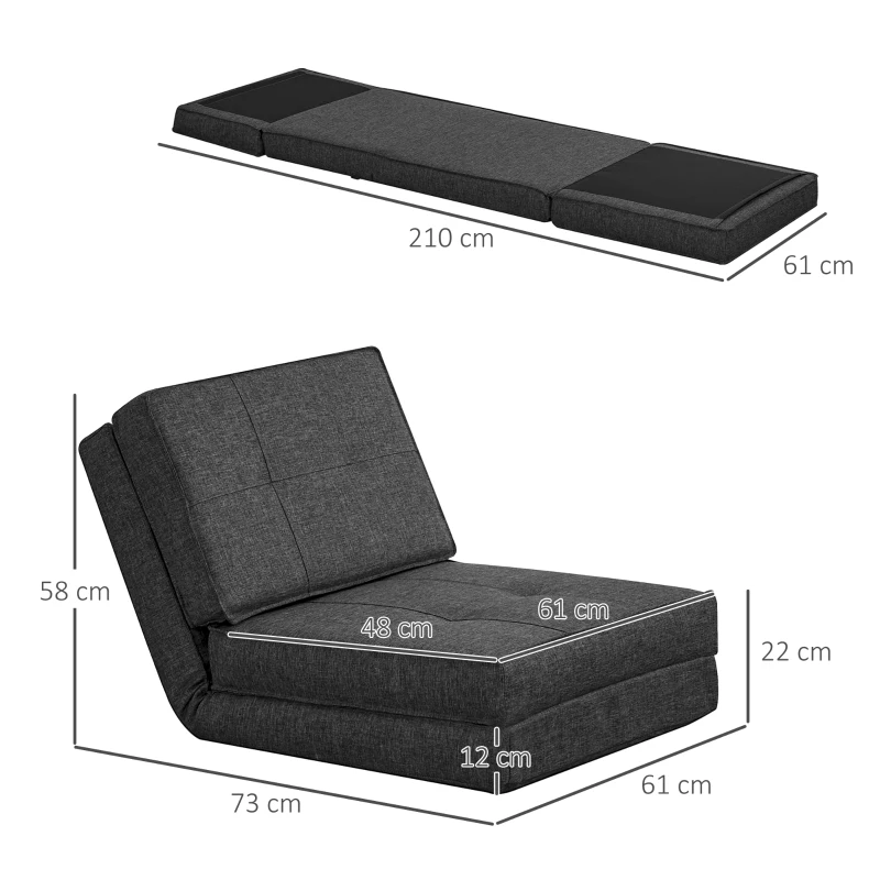 HOMCOM Armchair - Folding Spare Mattress - Convertible Chair - Adjustable Backrest 5 Positions - Gray Linen-Look Polyester Fabric