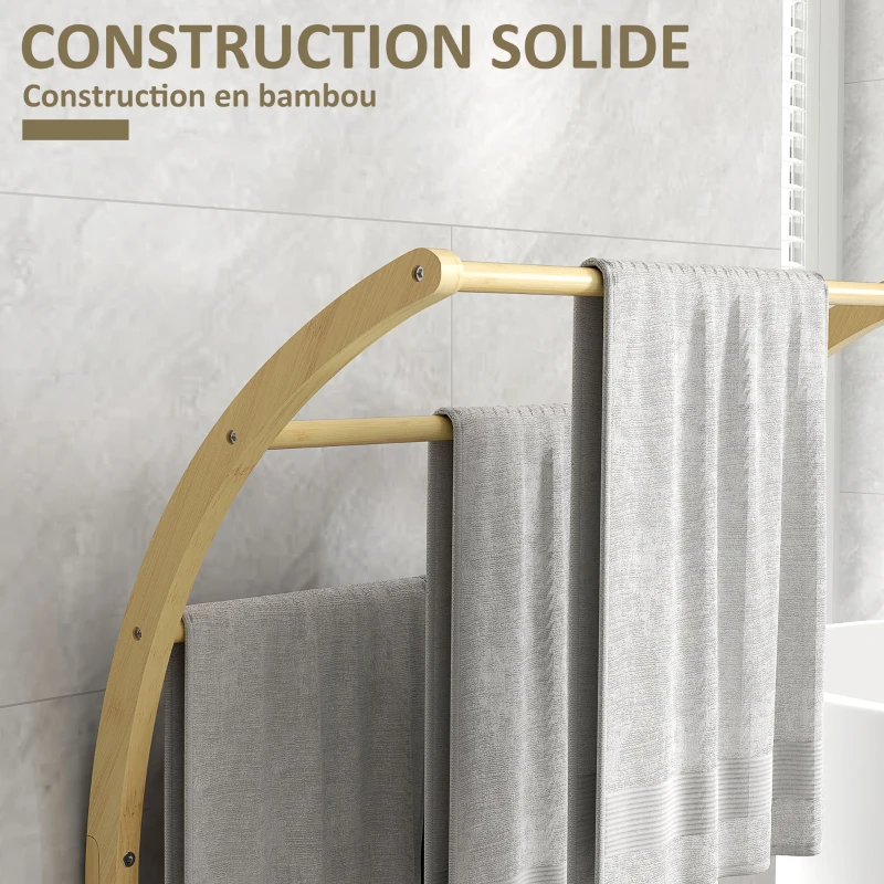 HOMCOM Porte-serviettes en bambou 3 barres avec étagère de rangement, pour la salle de bains et la buanderie, finition naturel
