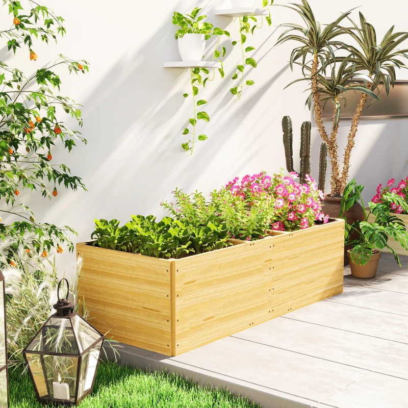 Outsunny Jardinière extérieur, carré potager en bois, 3 compartiments de plantation et doublure inclus, 140x60x40cm, naturel