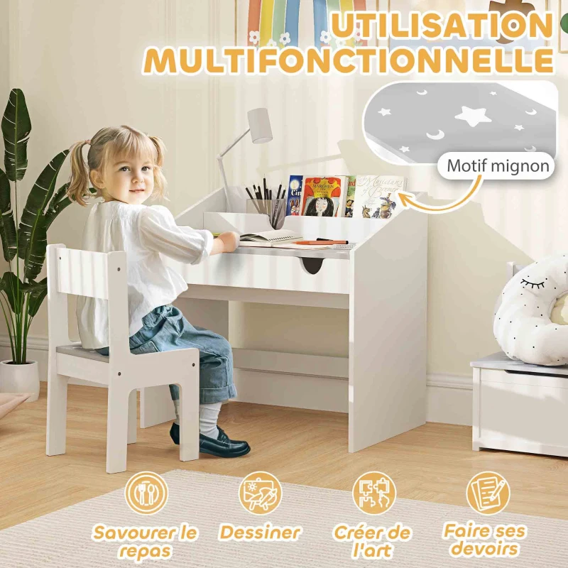 AIYAPLAY Ensemble Bureau et chaise pour enfants, avec rangement, tiroir coulissant, pour les 3-6 ans, motif étoilé - Gris