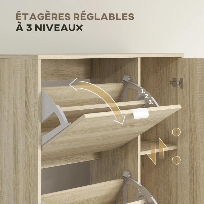 HOMCOM Meuble à chaussures avec 4 abattants, 2 placards et façades miroir pour 16 paires de chaussures, meuble d'entrée