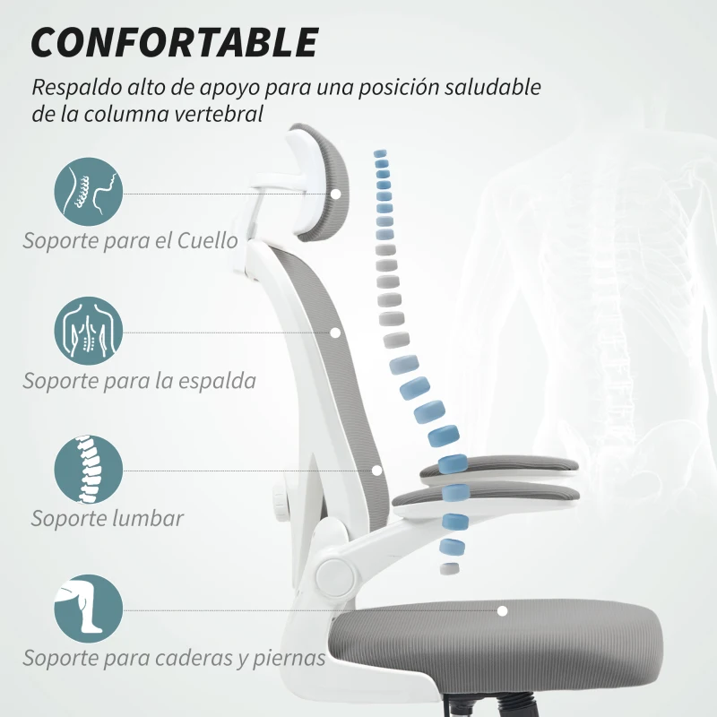 HOMCOM Silla de Escritorio de Malla Transpirable con Altura Ajustable Reposacabezas y Soporte Lumbar Ajustables Gris