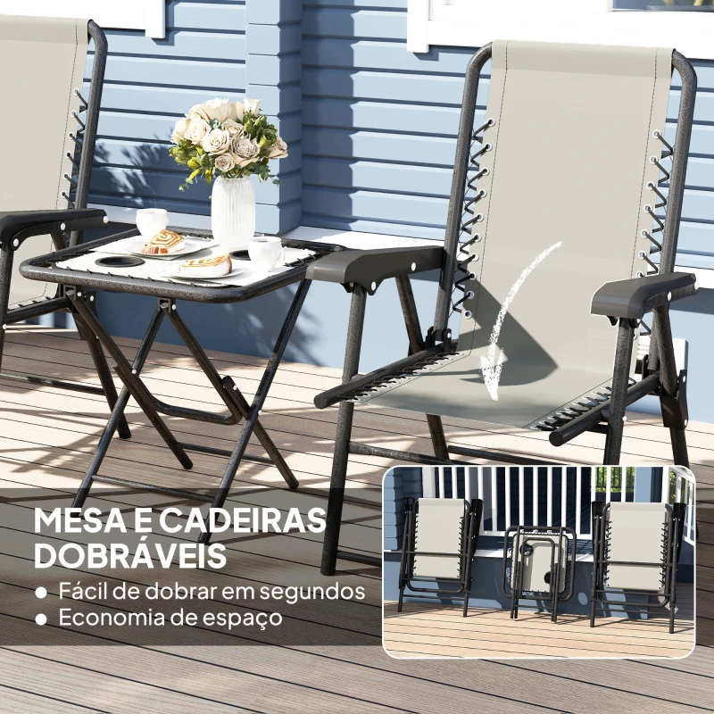 Outsunny Conjunto de Mesa e Cadeiras de Jardim Móveis de Exterior Dobrável com Estrutura de Aço e Suporte para Copos Cinza Escuro