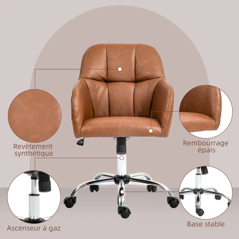 HOMCOM Fauteuil de bureau chaise de bureau pivotant sur roulettes, hauteur réglable, revêtement synthétique marron
