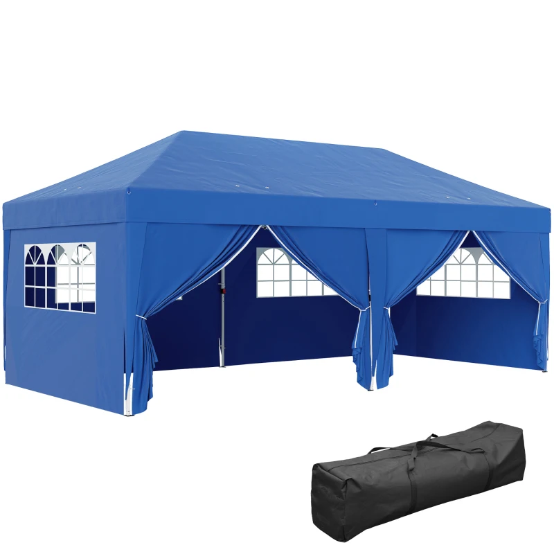 Outsunny Gartenpavillon Outdoor faltbare 3 x 6 m mit 6 Seitenwänden, inklusive Transporttasche, Blau
