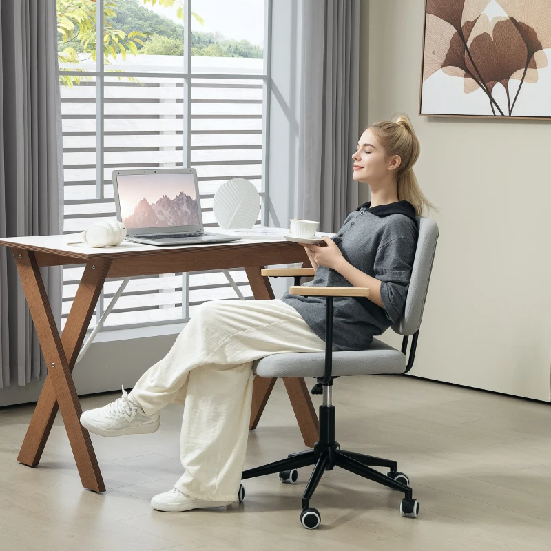 HOMCOM Silla de Oficina Moderna con Reposabrazos de Madera Asiento Ajustable y Ruedas para Oficina y Estudio 59x55x84-94cm Gris
