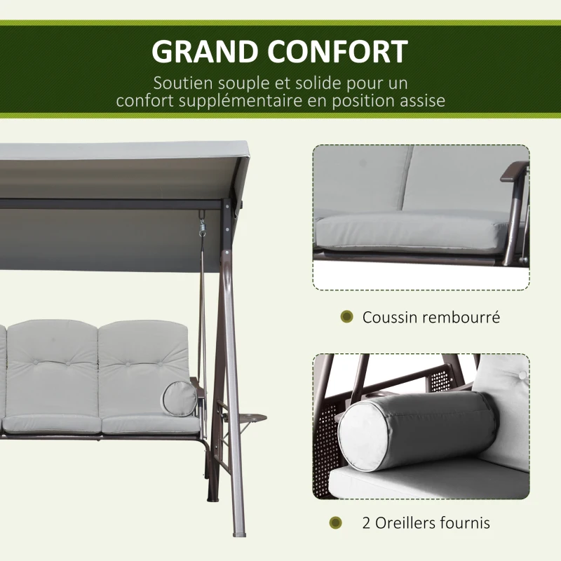Outsunny Balancelle de jardin 3 places toit inclinaison réglable coussins plateaux 116 x 206 x 183 cm polyester gris clair