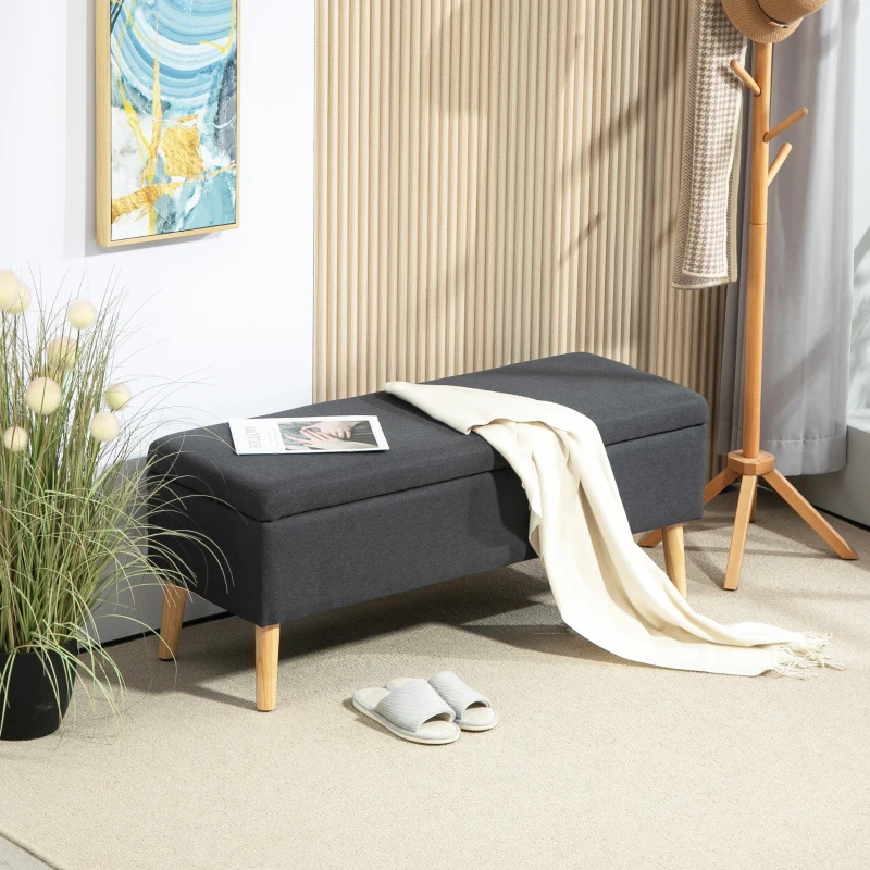 HOMCOM Banc rembourré avec espace de rangement, banquette-lit en lin, bois de caoutchouc, 110 x 39 x 45 cm, Gris foncé