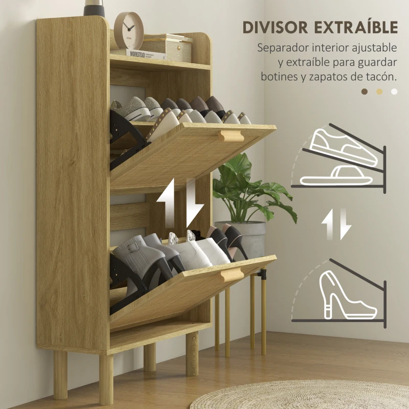 HOMCOM Mueble Zapatero Estilo Bohemio con 2 Cajones Abatibles y 1 Estante Abierto para 18 Pares de Zapatos 80x24,5x110 cm Roble