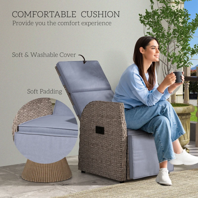 Outsunny 148° Reclining Rattan Garden Armchair, with Footrest - Brown/Grey