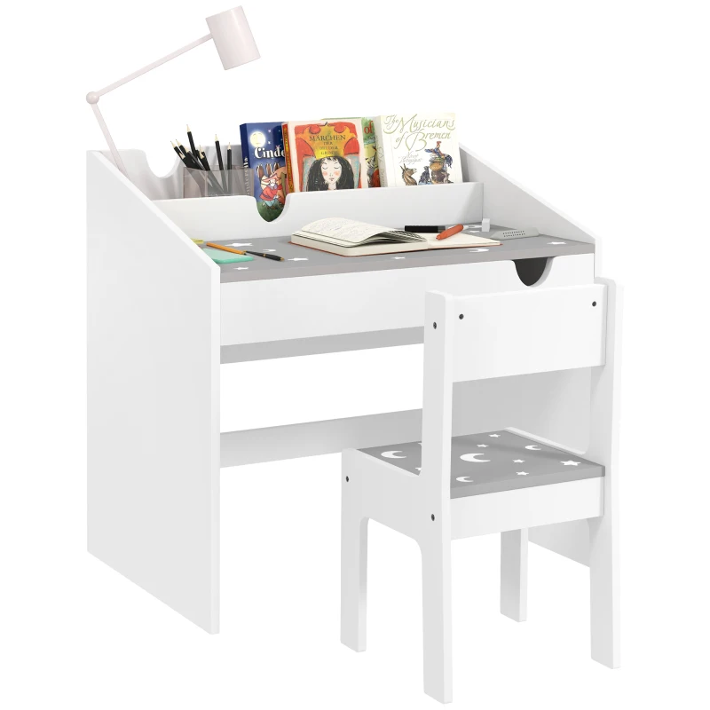 AIYAPLAY Ensemble Bureau et chaise pour enfants, avec rangement, tiroir coulissant, pour les 3-6 ans, motif étoilé - Gris