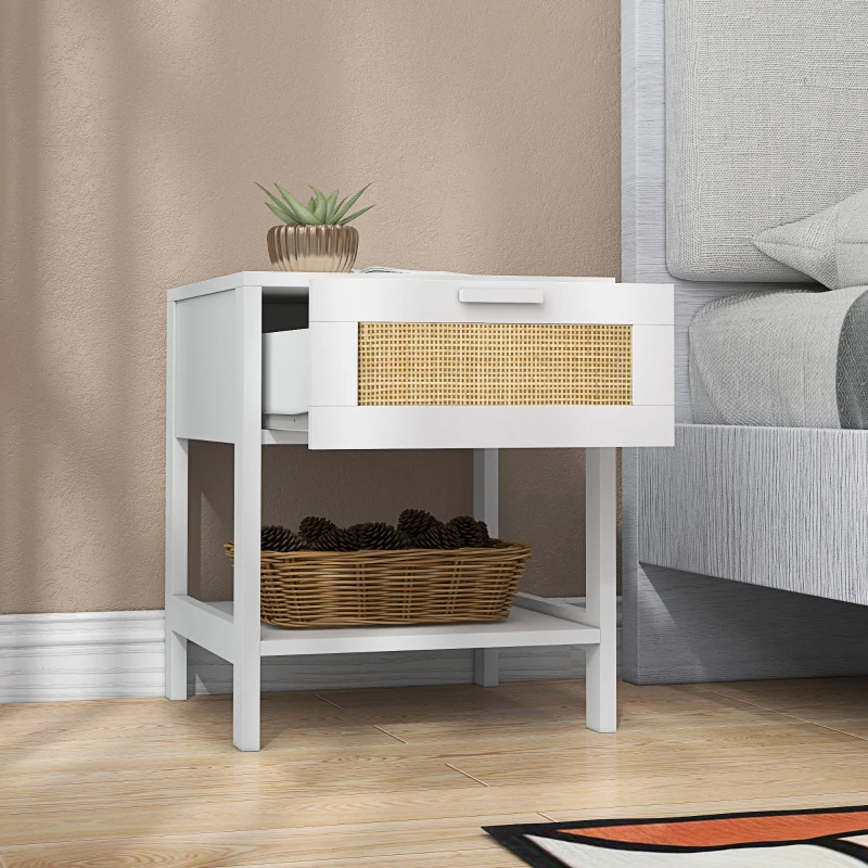 HOMCOM Table de chevet table de nuit avec tiroir et étagère, cannage en rotin, dim. 40L x 40l x 48H cm blanc