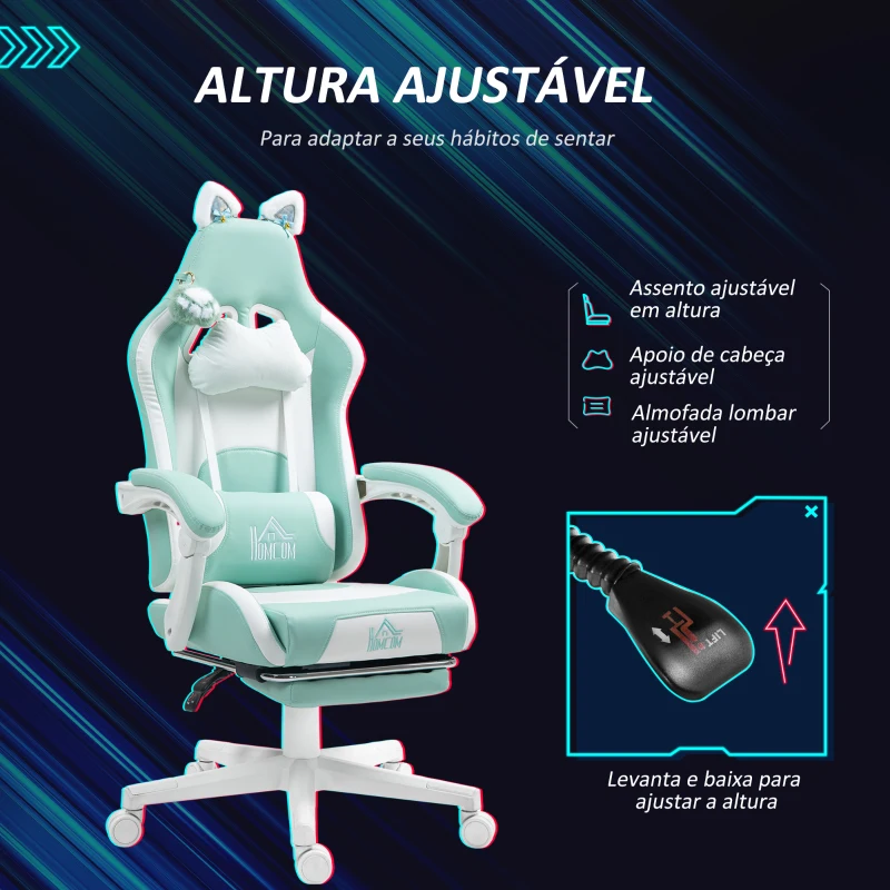 HOMCOM Cadeira Gaming com Orelhas Cadeira Gamer Reclinável com Altura Ajustável e Suporte Lombar 65x62x116-124 cm Azul Claro