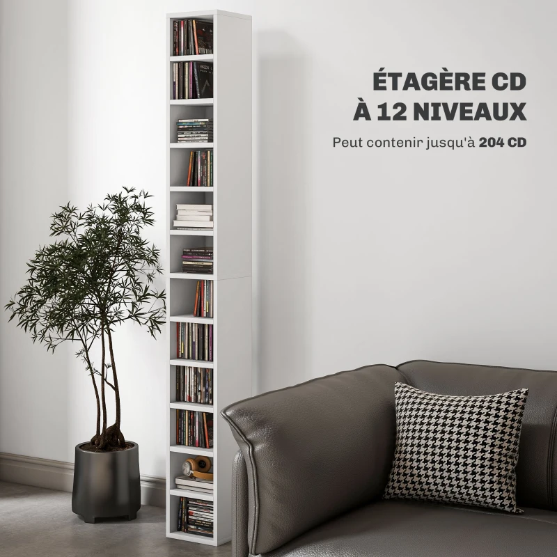 HOMCOM Rangements pour CD et DVD avec 12 compartiments, capacité max. 204 CD, 21 x 20 x 175 cm, blanc