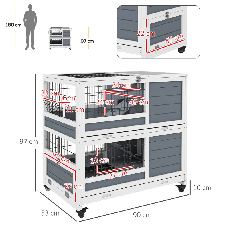 PawHut Kaninchenstall aus Holz für den Innenbereich auf Rädern 2 Etagen 2 herausnehmbare Tabletts, abschließbare Tür 90L x 53B x 97H cm