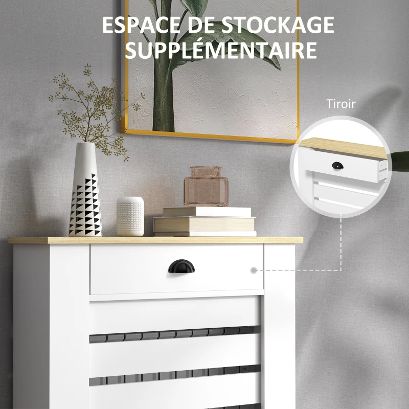 HOMCOM Couvercle de radiateur cache radiateur grille à lattes horizontales avec 2 tiroirs en bois 78l x 19P x 95,5H cm blanc