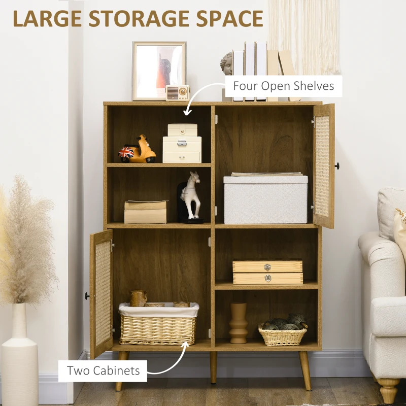 HOMCOM Buffet storage cabinet tall wood and rattan design 2 doors - dim. 90L x 32.5W x 120H cm
