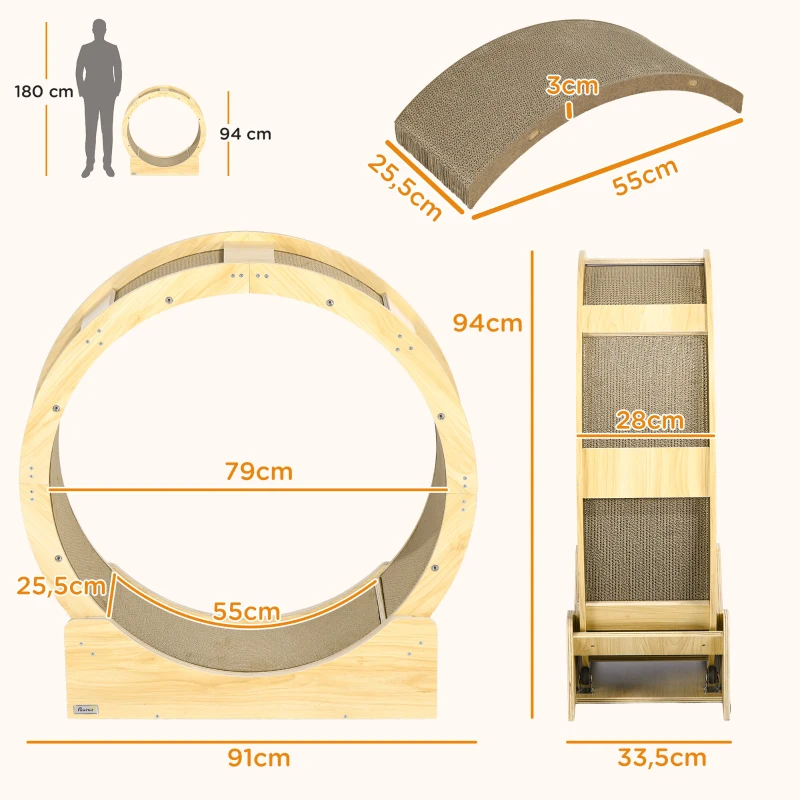 Roue d'exercice pour chat exerciseur de roue de chat lot 4 planches à gratter remplaçable 91 x 33,5 x 94 cm marron chêne