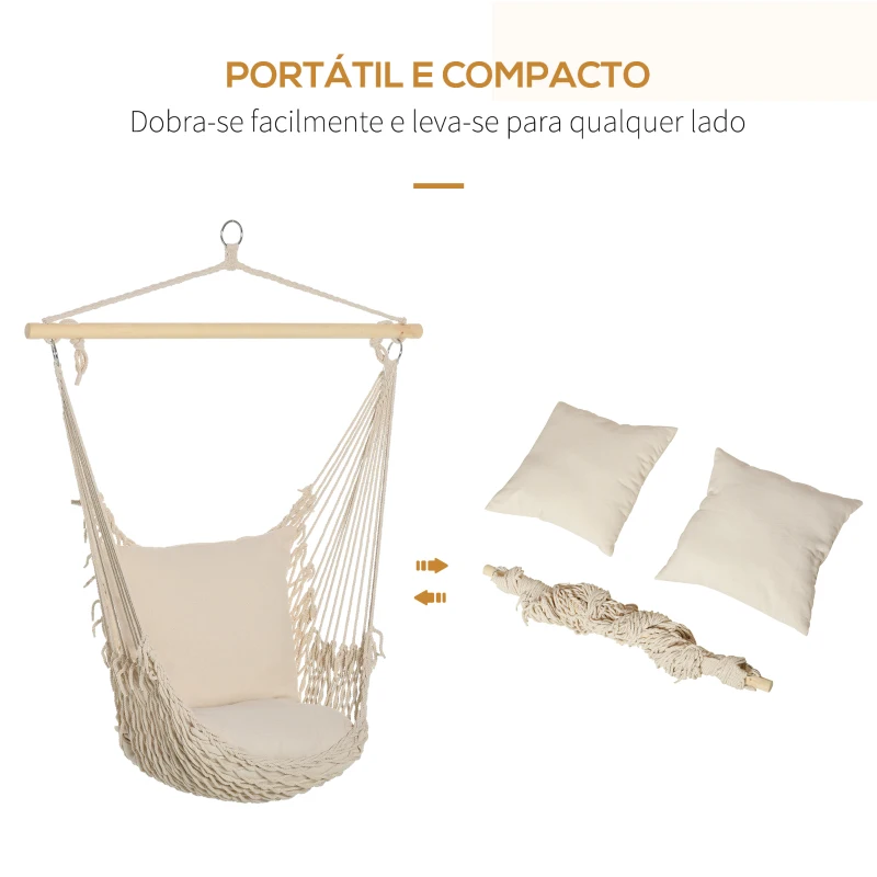 Outsunny Cadeira Suspensa Cadeira Rede Suspensa com 2 Almofadas de Algodão Barra de Madeira para Interior e Exterior 120x90 cm Creme