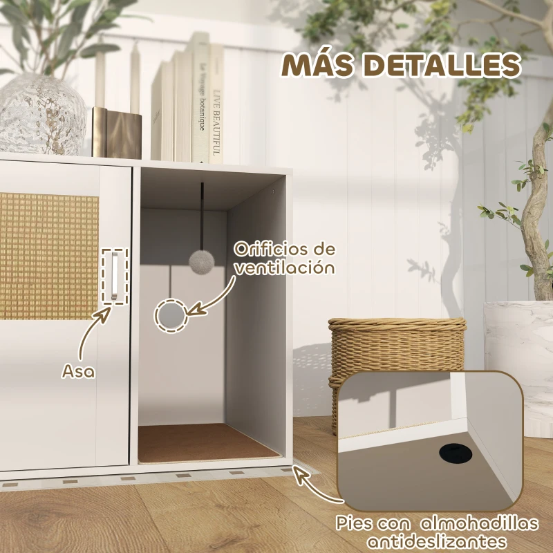 PawHut Mueble Arenero para Gatos Arenero para Gatos con Almohadilla para Rascar y Puerta de Ratán 80x50x50 cm Blanco