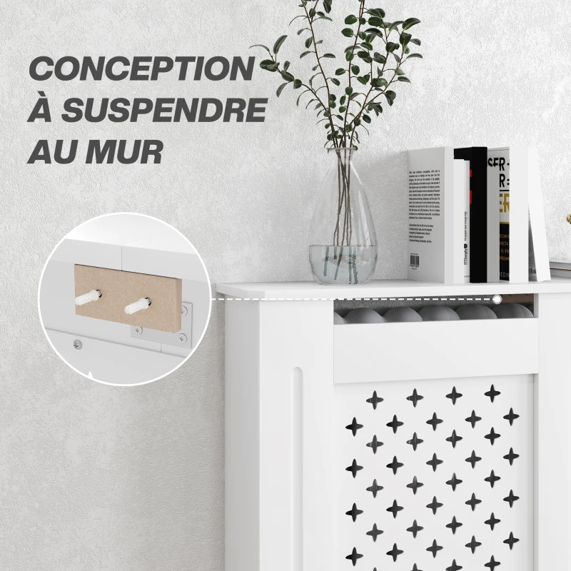 HOMCOM Couvercle de radiateur cache radiateur grille croisée pour salon chambre à coucher en bois 112l x 19P x 81,5H cm blanc