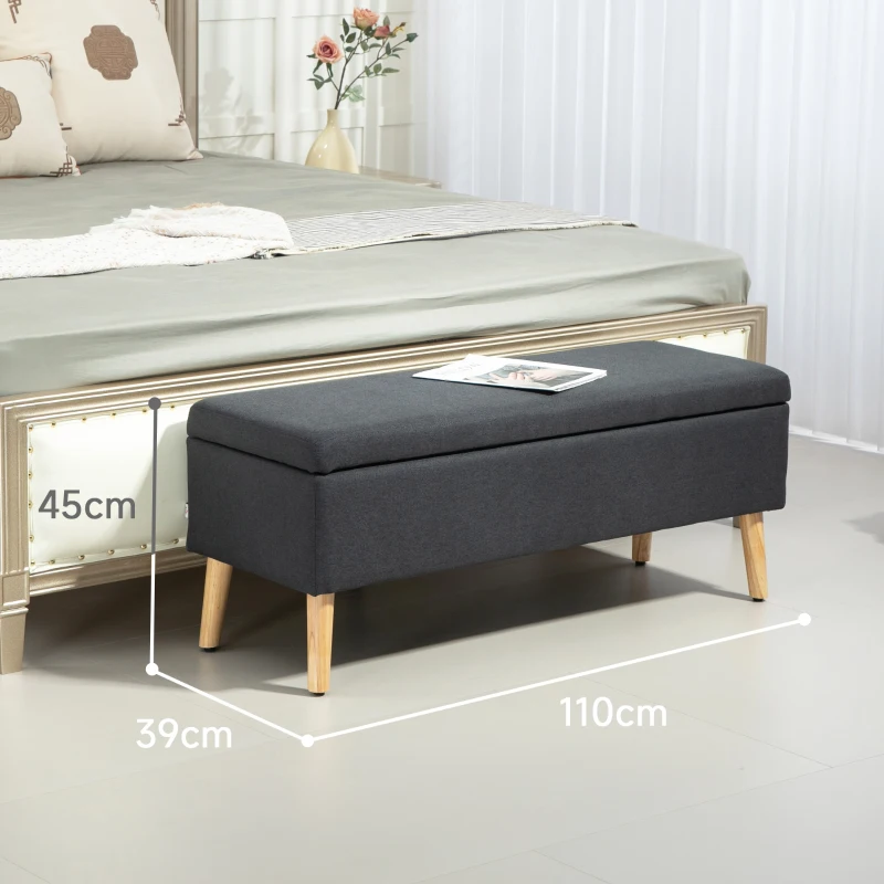 HOMCOM Banc rembourré avec espace de rangement, banquette-lit en lin, bois de caoutchouc, 110 x 39 x 45 cm, Gris foncé