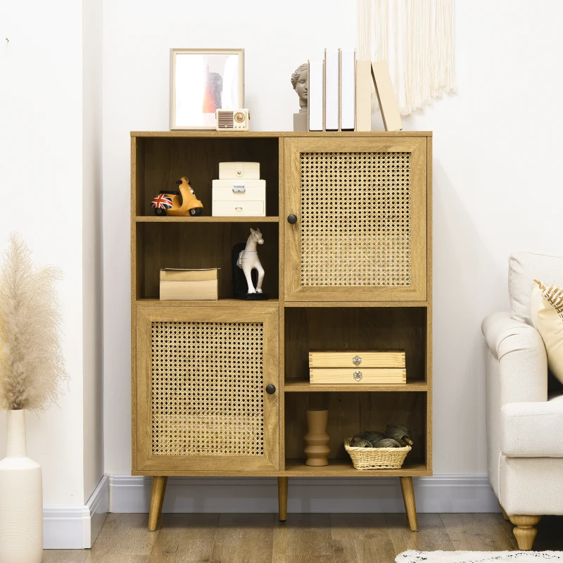 HOMCOM Buffet storage cabinet tall wood and rattan design 2 doors - dim. 90L x 32.5W x 120H cm