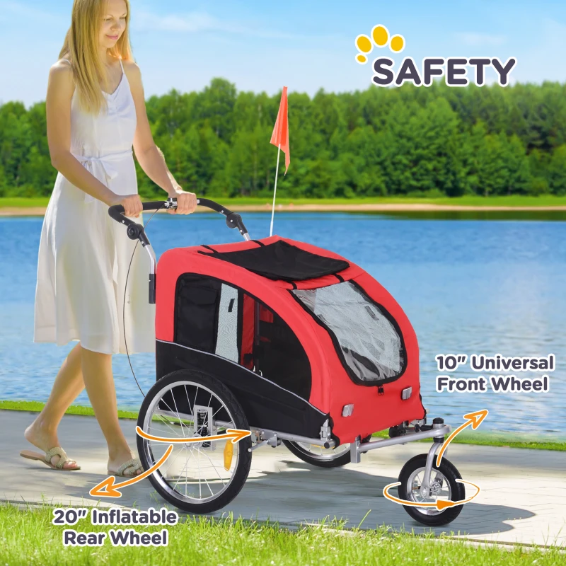 HOMCOM 2-in-1 Pet Bike Jogger Trailer with Swivel Front Wheel, Reflectors, and Hitch Bar Included in Red Black