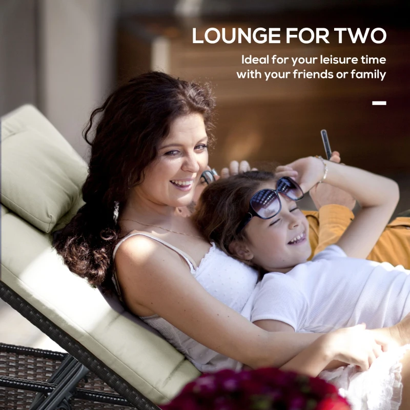 Outsunny Double Rattan Sun Lounger, Garden Daybed with 5-Level Adjustable Backrest and Flip Side Trays, Wicker Outdoor Furniture Recliner with Cushions and Pillows for Patio, Cream White