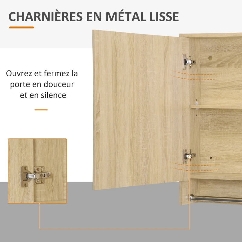 kleankin Meuble salle de bain avec miroir, armoire murale avec porte-serviettes, 3 niches, placard et étagère réglable, naturel