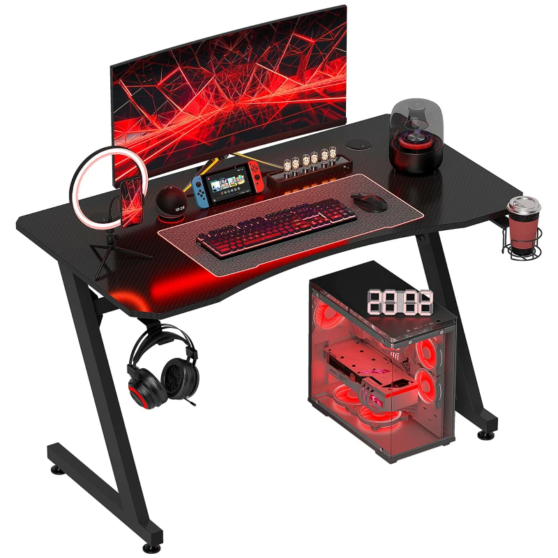 HOMCOM Gaming-Schreibtisch mit Kopfhörerhalter, Getränkehalter, Kabelmanagement inklusive, höhenverstellbare Stahl- und Holzkonstruktion, Schwarz
