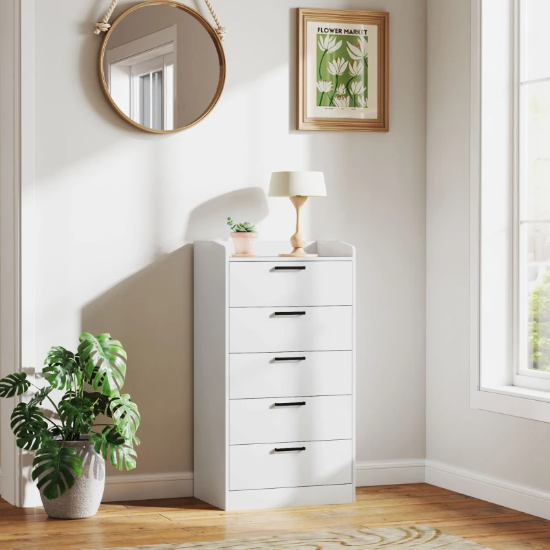HOMCOM Commode à 5 tiroirs, commode chambre, avec glissières et poignées métalliques, anti-basculement, 60 x 40 x 114 cm, blanc