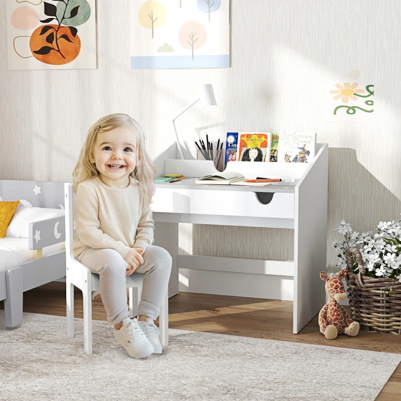 AIYAPLAY Ensemble Bureau et chaise pour enfants, avec rangement, tiroir coulissant, pour les 3-6 ans, motif étoilé - Gris