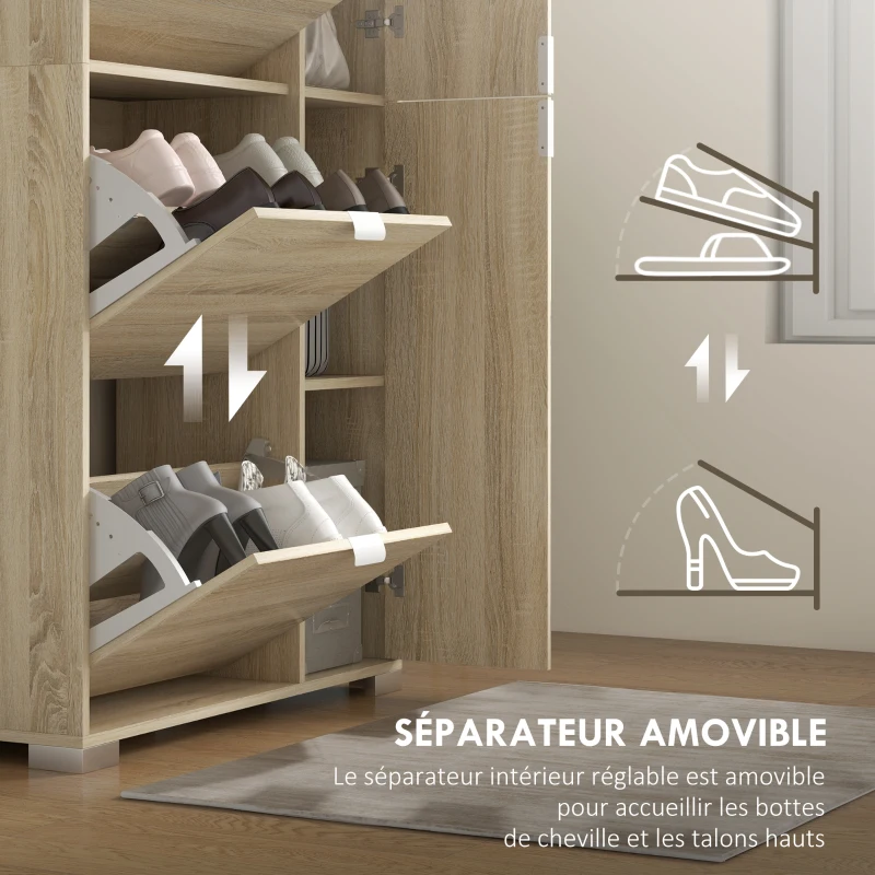 HOMCOM Meuble à chaussures avec 4 abattants, 2 placards et façades miroir pour 16 paires de chaussures, meuble d'entrée