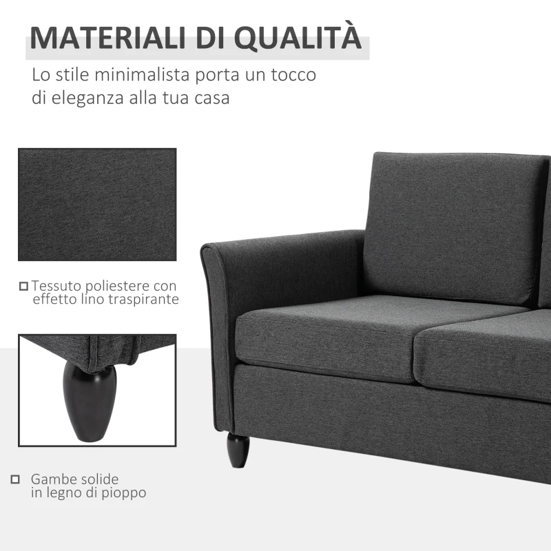 HOMCOM Divano a 2 Posti a Seduta Ampia con Cuscini Rimovibili da Salotto in Tessuto Effetto Lino e Gommapiuma, 141x70x78 cm, Grigio scuro e Nero