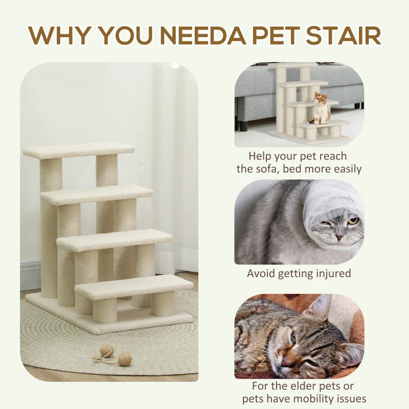 PawHut Dog Steps for Bed 4 Step Pet Stairs for Sofa Dog Cat Climb Ladder 63x43x60 cm Cream
