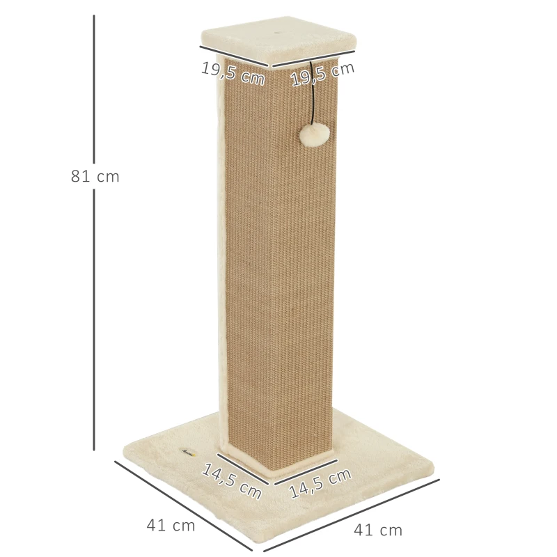 PawHut Poste Arranhador para Gatos Altura 81 cm Arranhador para Gatos com Poste de Sisal e Bola Suspensa 41x41x81 cm Bege