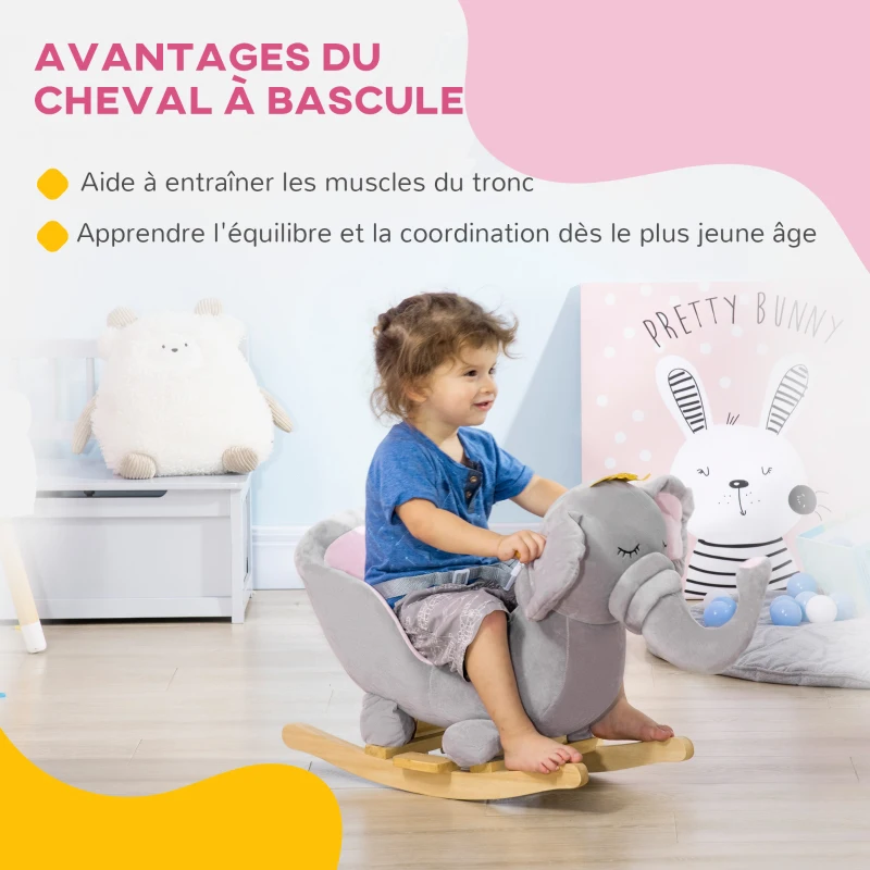 HOMCOM Éléphant à bascule pour enfants cheval à bascule jouet à bascule bébé 18-36 mois - musique poignées ceinture de sécurité