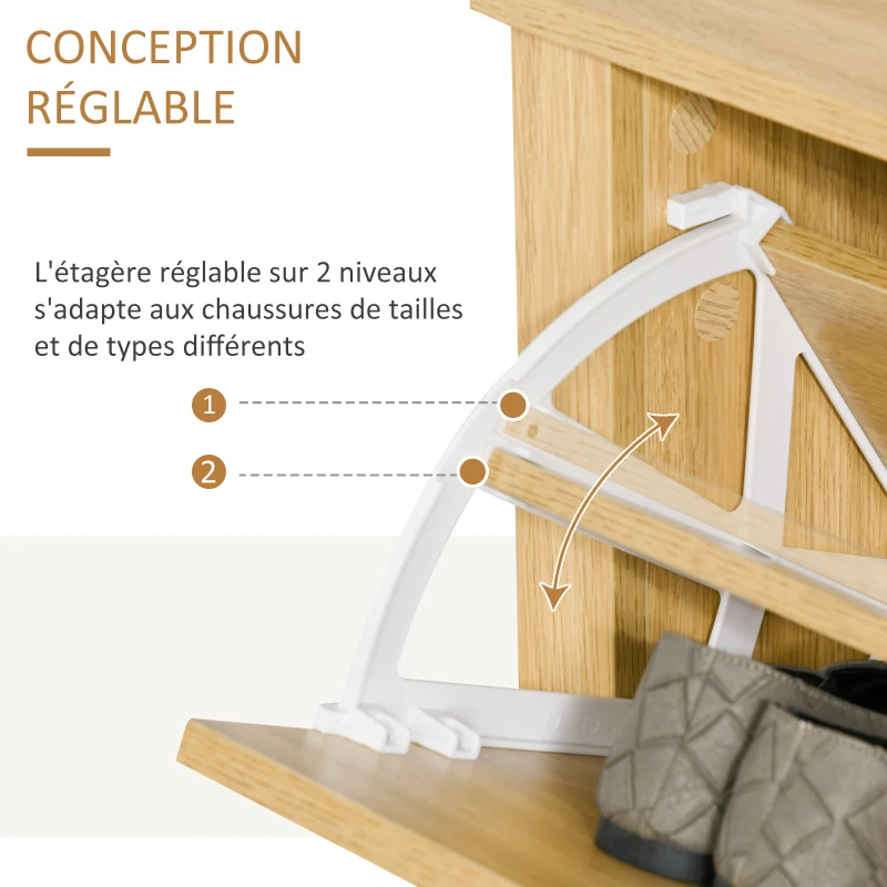 HOMCOM Meuble chaussure entrée, armoire à chaussures meuble d'entrée et couloir - 2 portes abattantes 2 compartiments