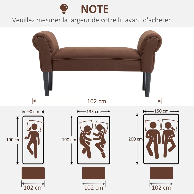 HOMCOM Banc Banquette Design Contemporain accoudoirs courbés Grand Confort 102L x 36l x 51H cm Marron