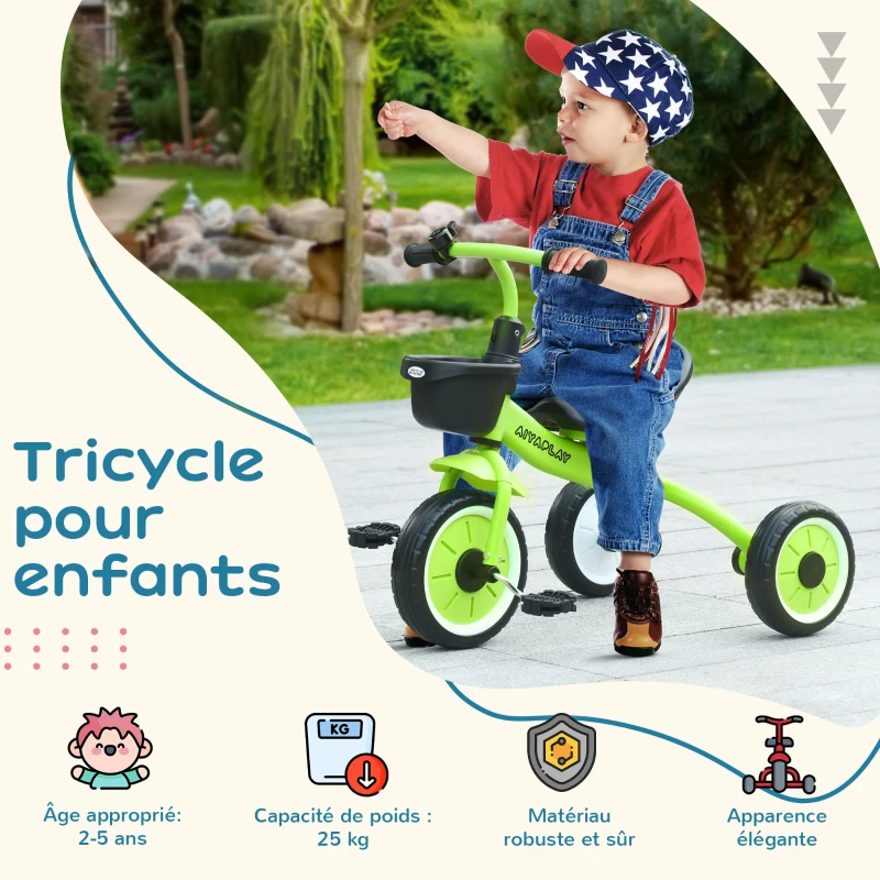 AIYAPLAY Tricycle enfants avec sonnette et panier selle réglable avec dossier - pour enfant de 2 à 5 ans vert