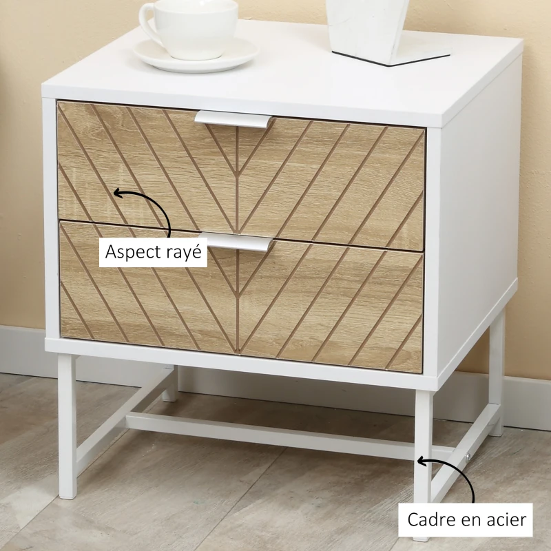HOMCOM Table de chevet, table d'appoint, avec tiroirs, cadre en acier, pour salon chambre, 45 x 39 x 48 cm, blanc et chêne